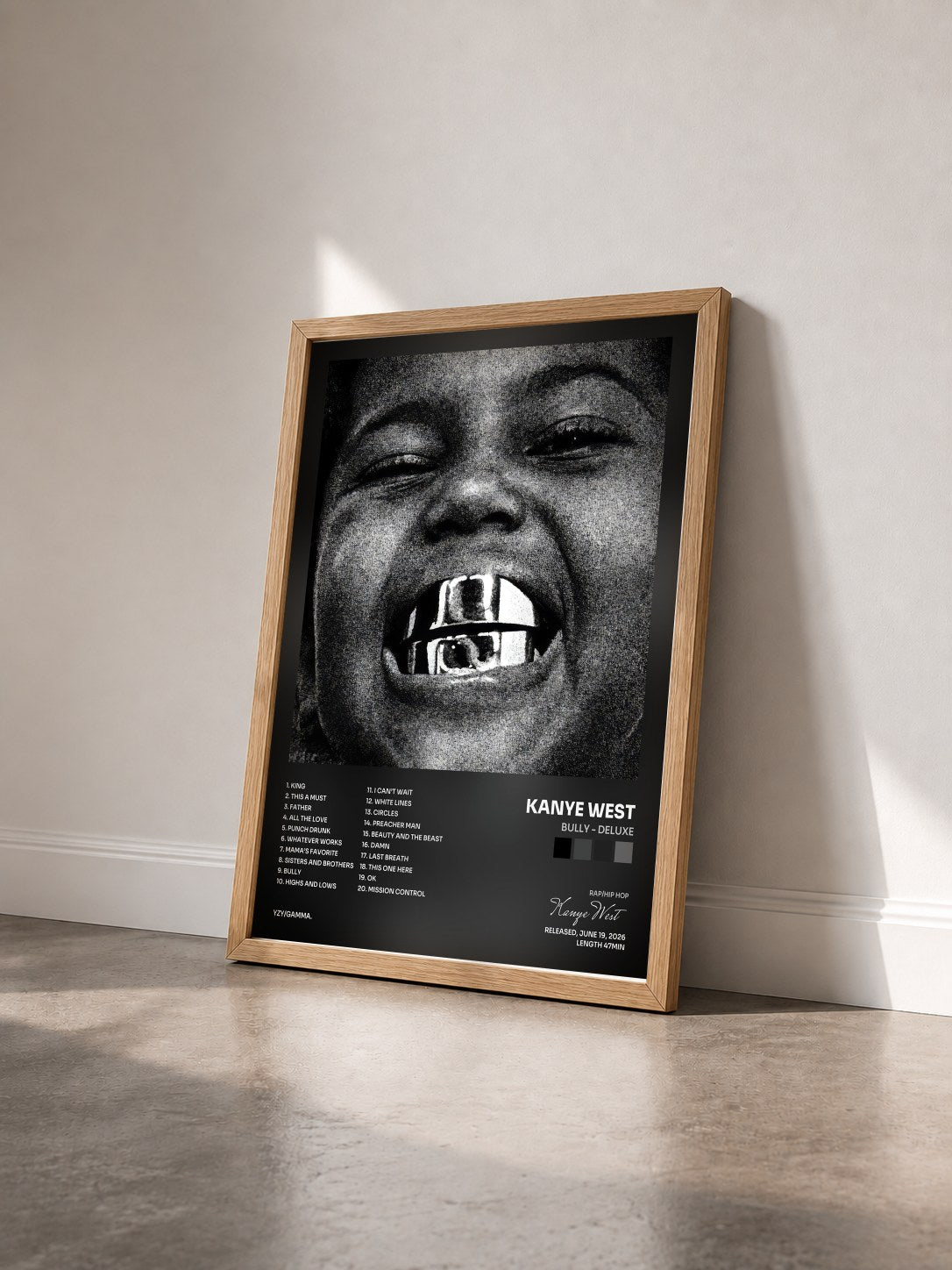 #bois Tableau de l'album BULLY - DELUXE de Kanye West vu de trois quarts, cadre en bois brut