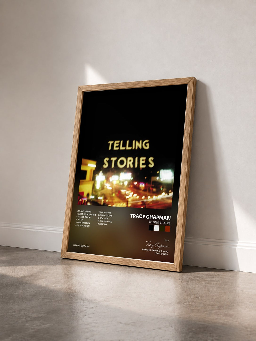 #bois Tableau de l'album Telling Stories de Tracy Chapman vu de trois quarts, cadre en bois brut