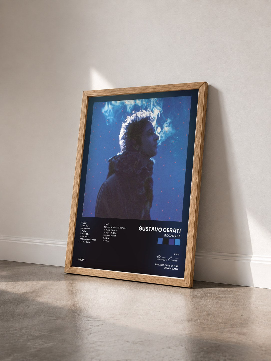#bois Tableau de l'album Bocanada de Gustavo Cerati vu de trois quarts, cadre en bois brut