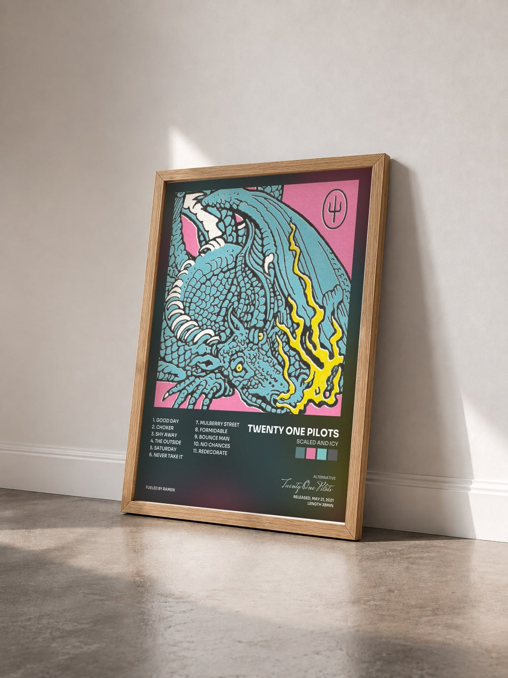 #bois Tableau de l'album Scaled And Icy de Twenty One Pilots vu de trois quarts, cadre en bois brut