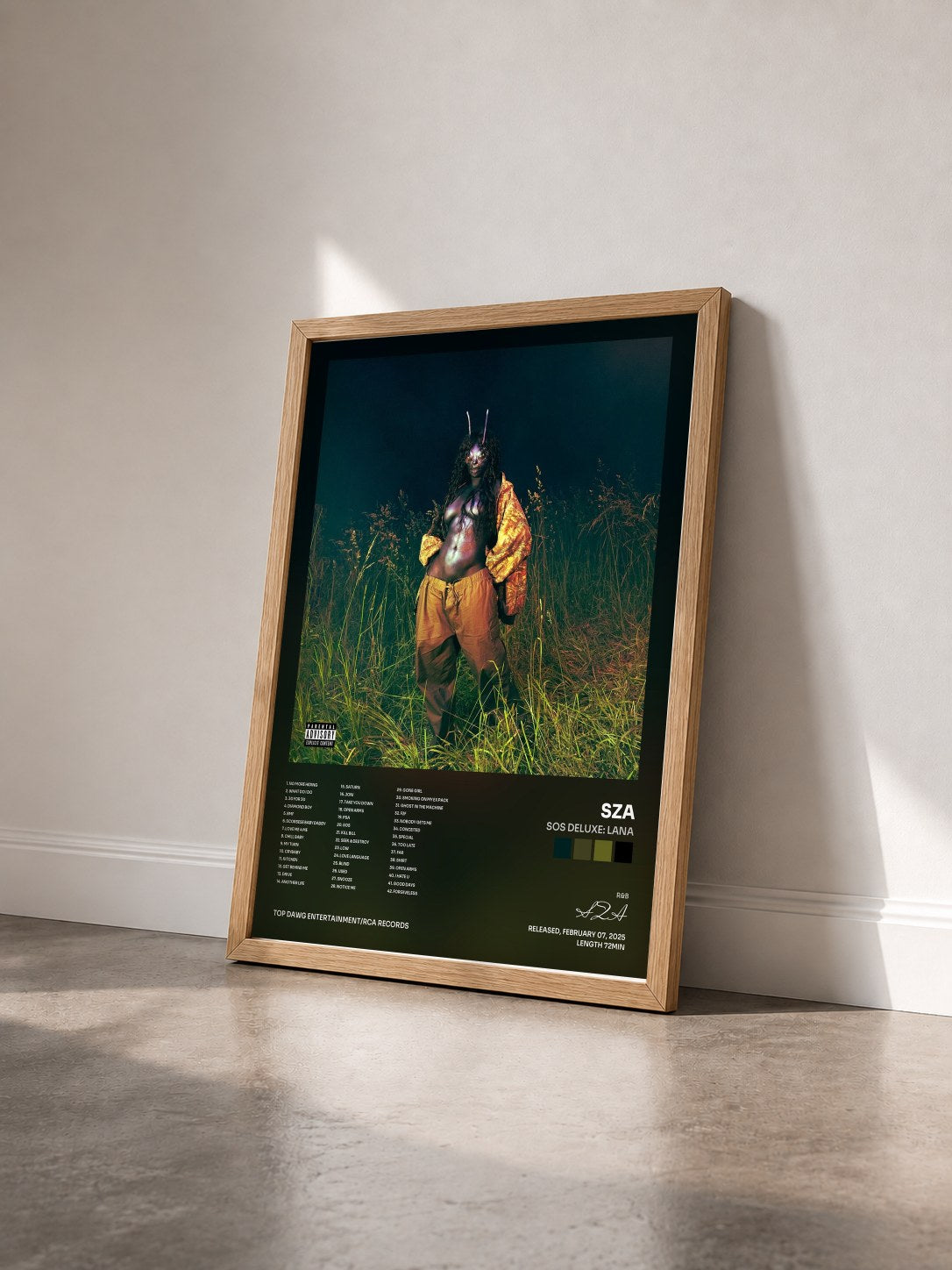 #bois Tableau de l'album SOS Deluxe: LANA de SZA vu de trois quarts, cadre en bois brut