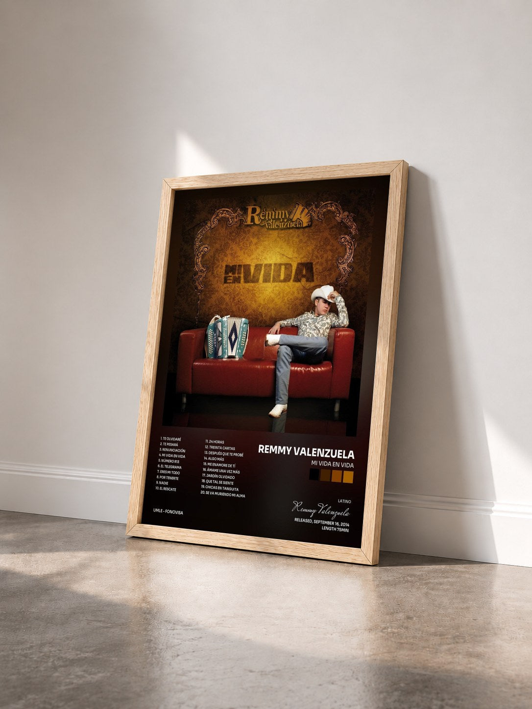 #bois Tableau de l'album Mi Vida En Vida de Remmy Valenzuela vu de trois quarts, cadre en bois brut