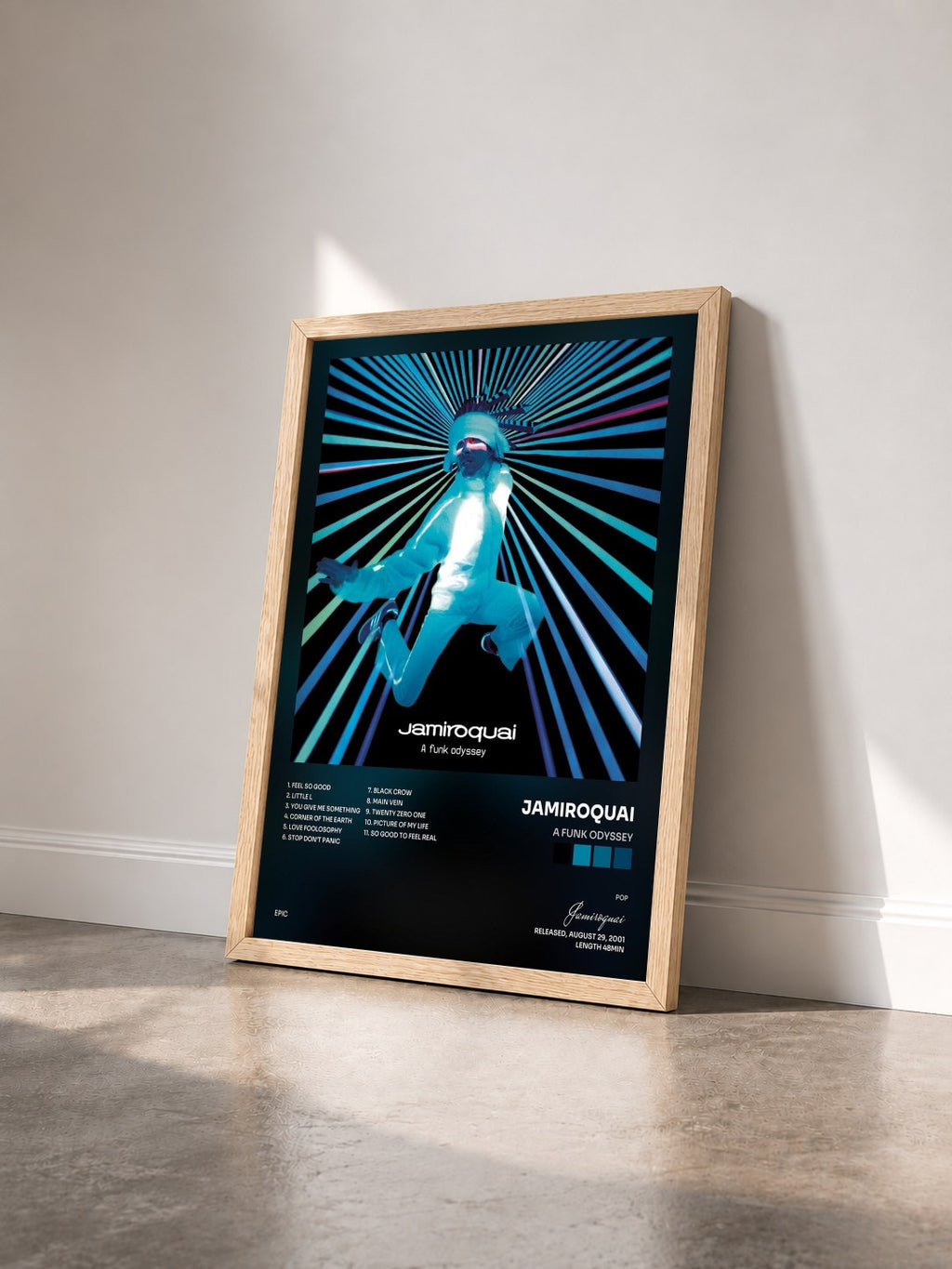 #bois Tableau de l'album A Funk Odyssey de Jamiroquai vu de trois quarts, cadre en bois brut