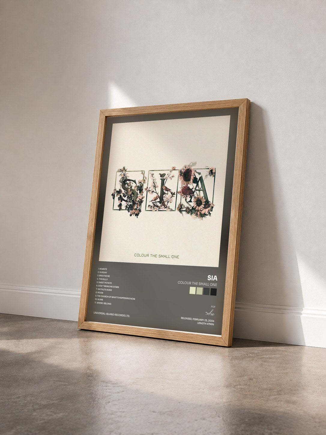 #bois Tableau de l'album Colour The Small One de Sia vu de trois quarts, cadre en bois brut