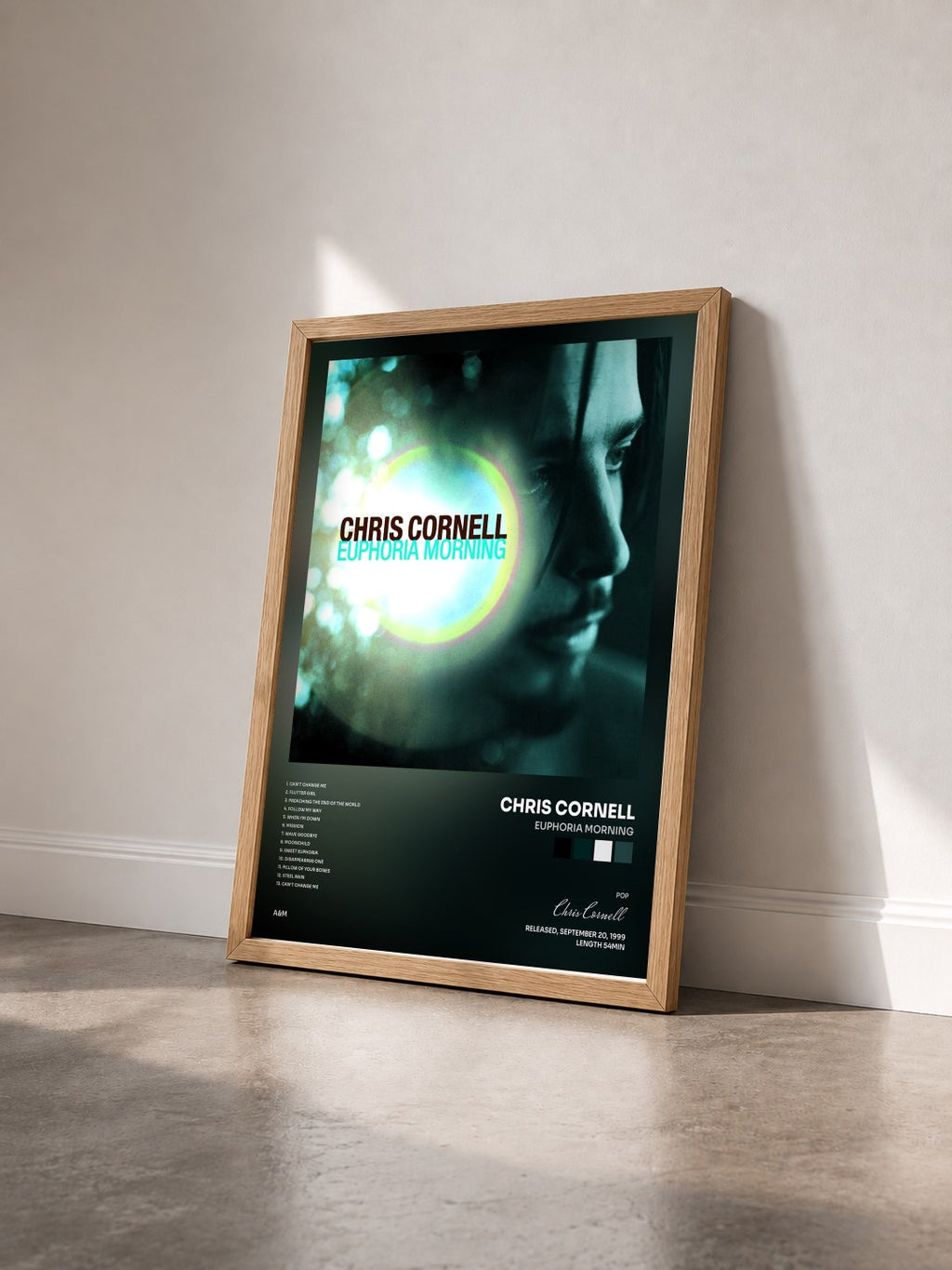 #bois Tableau de l'album Euphoria Morning de Chris Cornell vu de trois quarts, cadre en bois brut