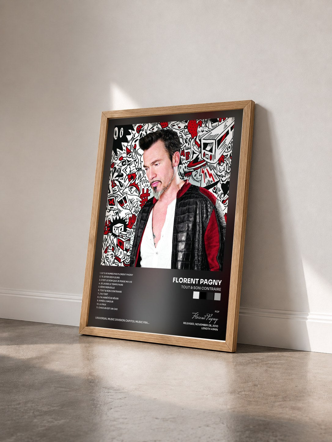 #bois Tableau de l'album Tout & Son Contraire de Florent Pagny vu de trois quarts, cadre en bois brut