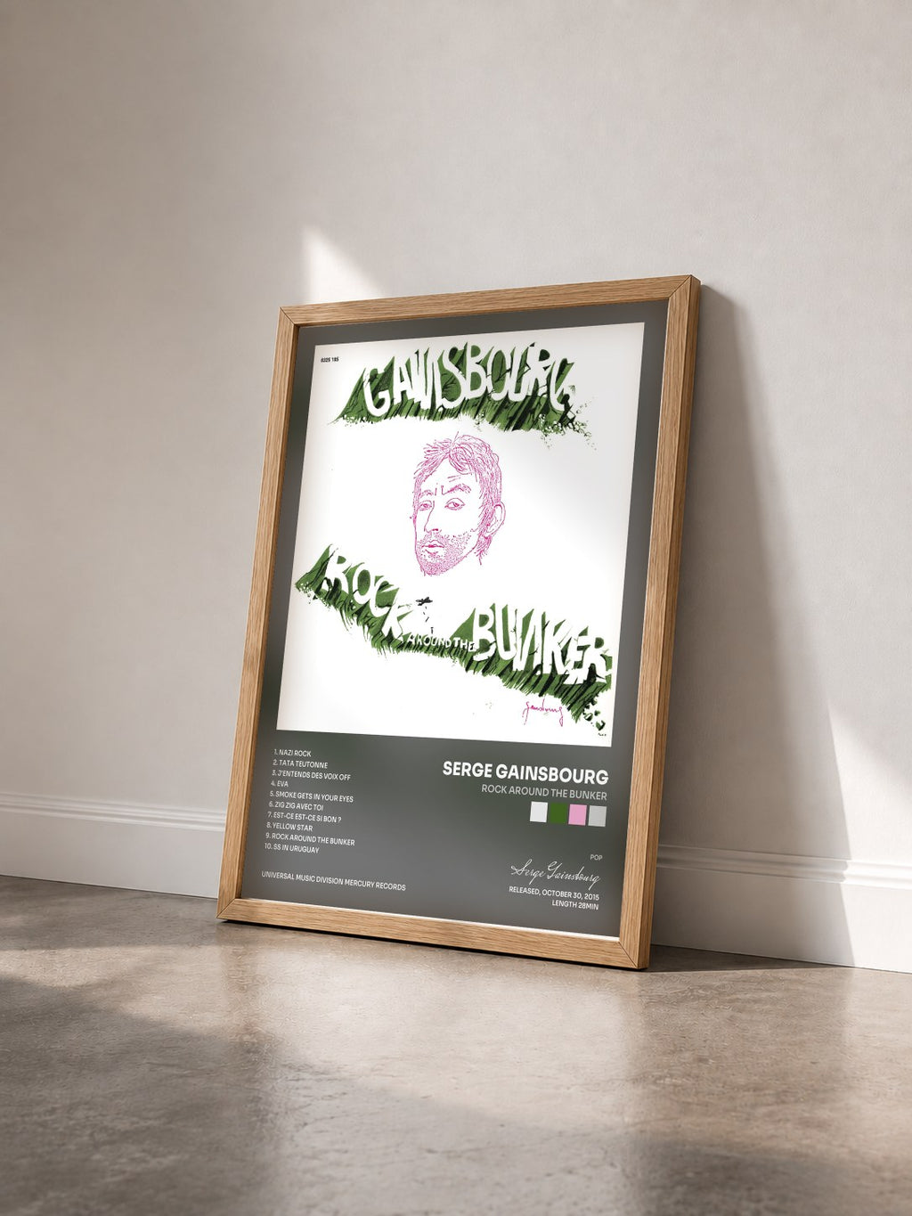 #bois Tableau de l'album Rock Around The Bunker de Serge Gainsbourg vu de trois quarts, cadre en bois brut