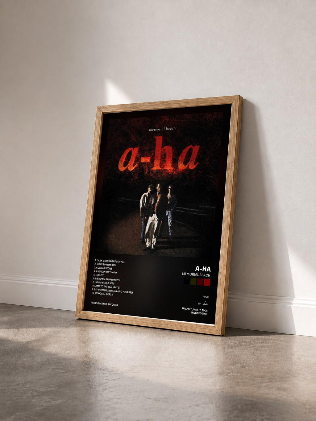 #bois Tableau de l'album Memorial Beach de a-ha vu de trois quarts, cadre en bois brut