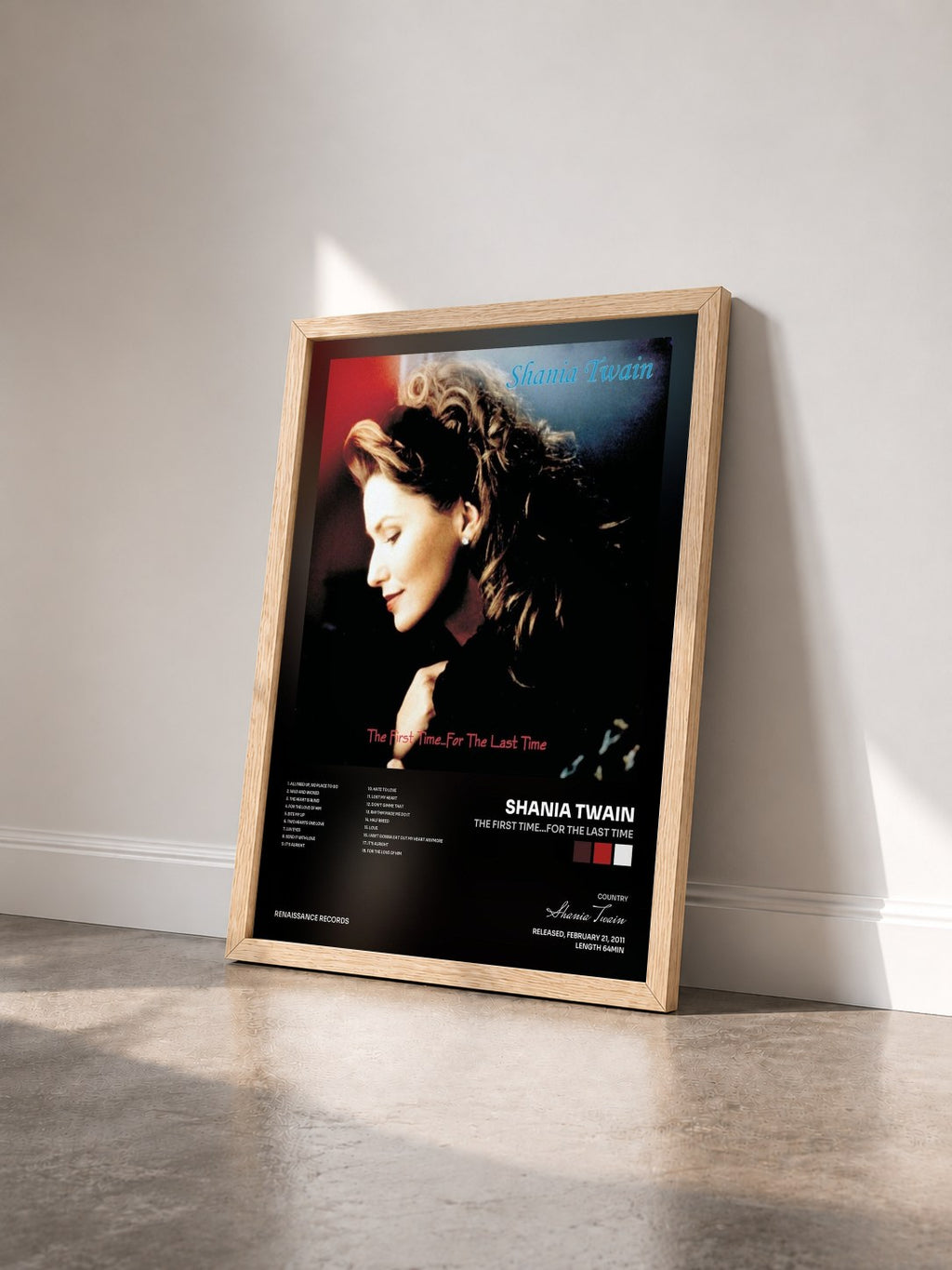 #bois Tableau de l'album The First Time...For The Last Time de Shania Twain vu de trois quarts, cadre en bois brut