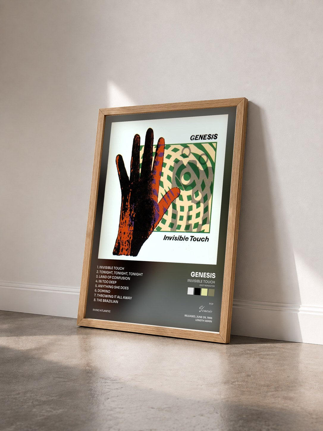 #bois Tableau de l'album Invisible Touch (2007 Remaster) de Genesis vu de trois quarts, cadre en bois brut
