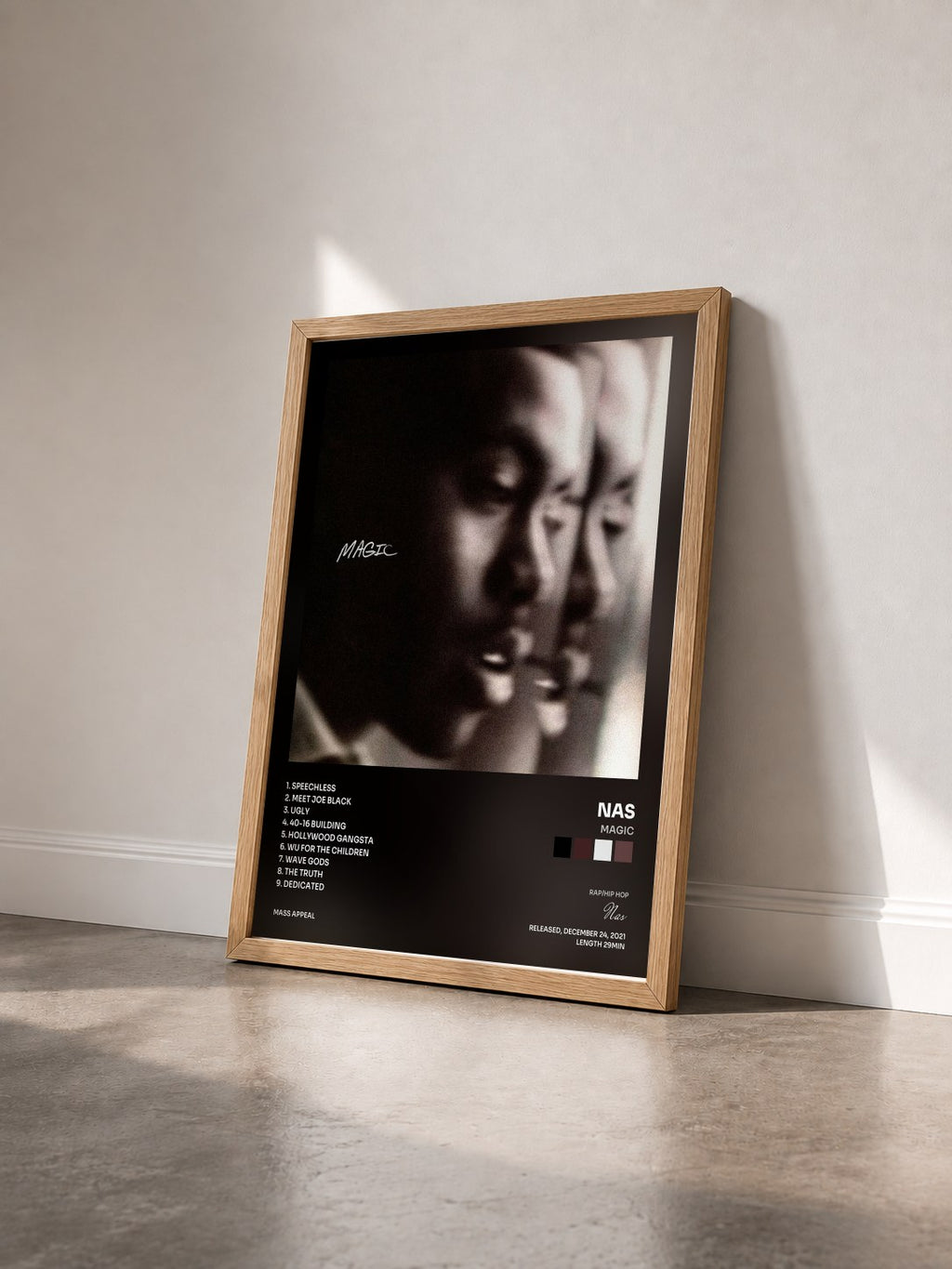 #bois Tableau de l'album Magic de Nas vu de trois quarts, cadre en bois brut