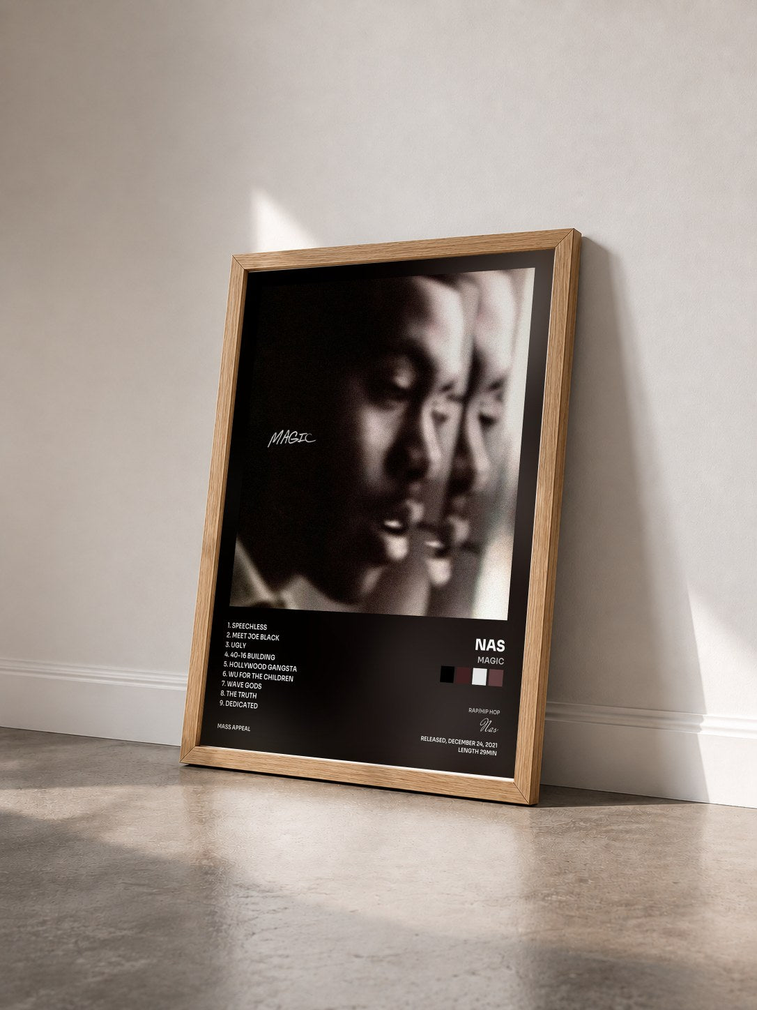 #bois Tableau de l'album Magic de Nas vu de trois quarts, cadre en bois brut
