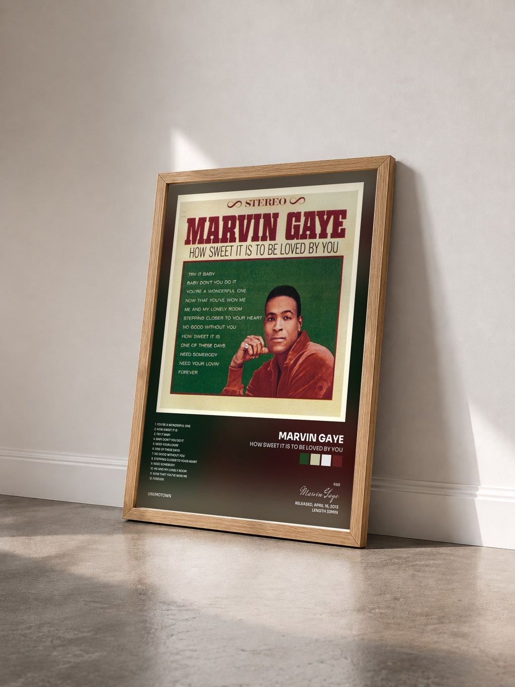 #bois Tableau de l'album How Sweet It Is To Be Loved By You de Marvin Gaye vu de trois quarts, cadre en bois brut