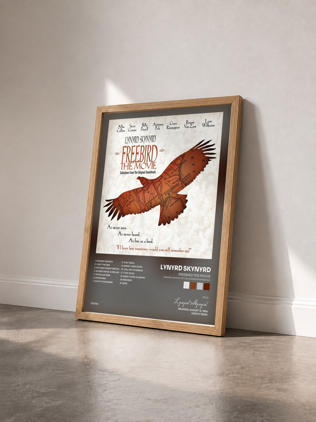 #bois Tableau de l'album Freebird The Movie (Original Motion Picture Soundtrack/Reissue) de Lynyrd Skynyrd vu de trois quarts, cadre en bois brut