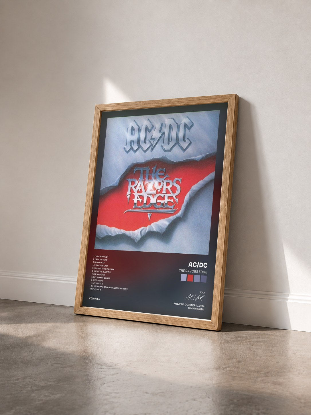 #bois Tableau de l'album The Razors Edge de AC/DC vu de trois quarts, cadre en bois brut
