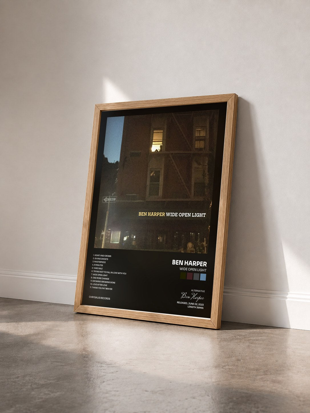 #bois Tableau de l'album Wide Open Light de Ben Harper vu de trois quarts, cadre en bois brut