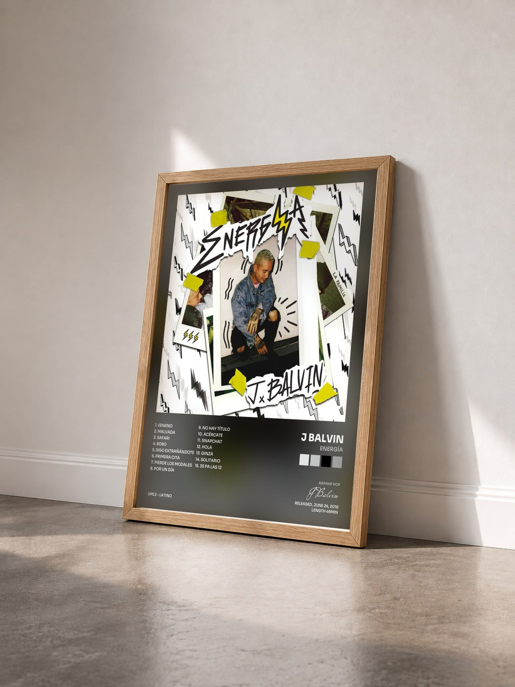 #bois Tableau de l'album Energía de J Balvin vu de trois quarts, cadre en bois brut