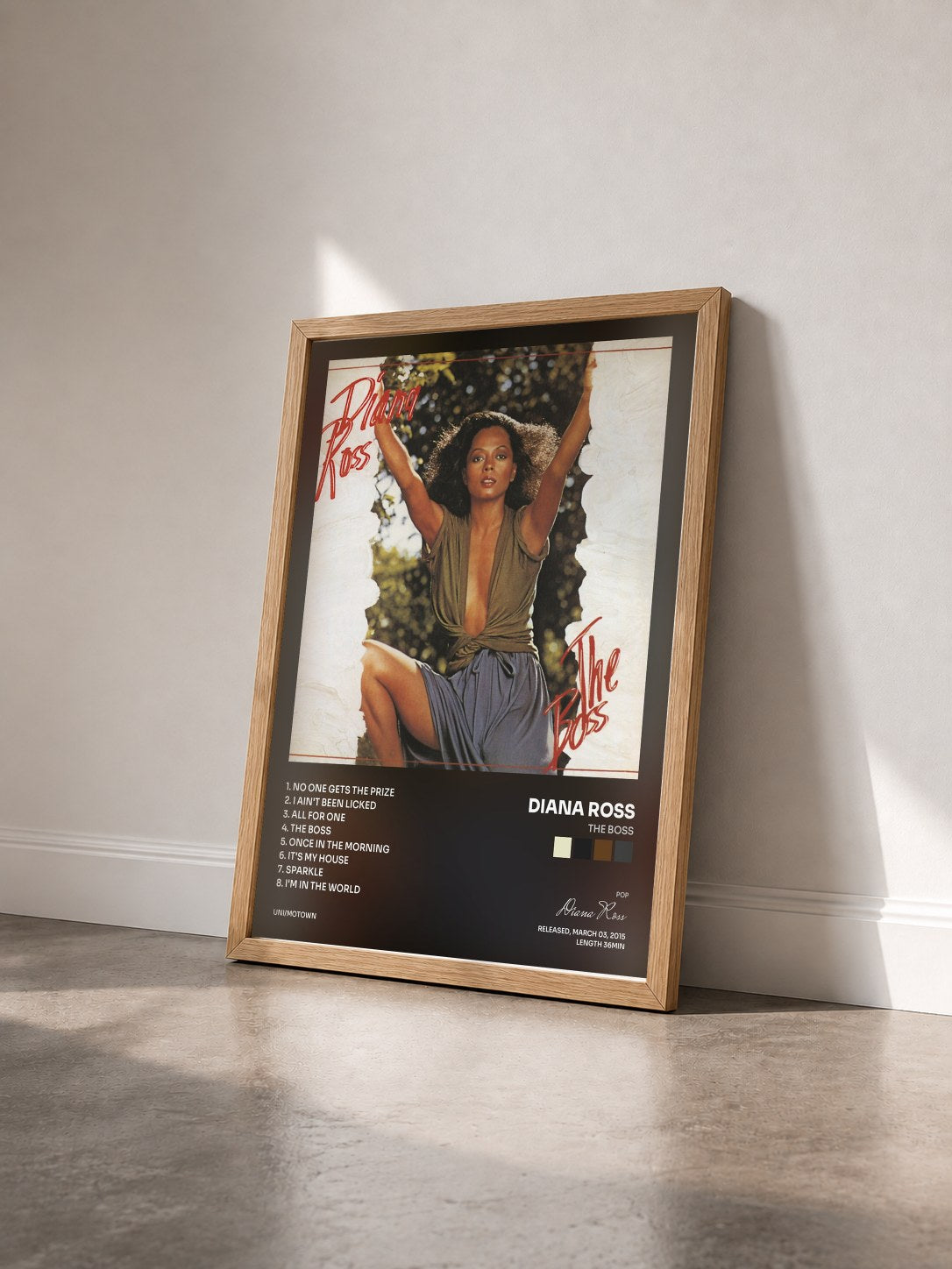 #bois Tableau de l'album The Boss de Diana Ross vu de trois quarts, cadre en bois brut
