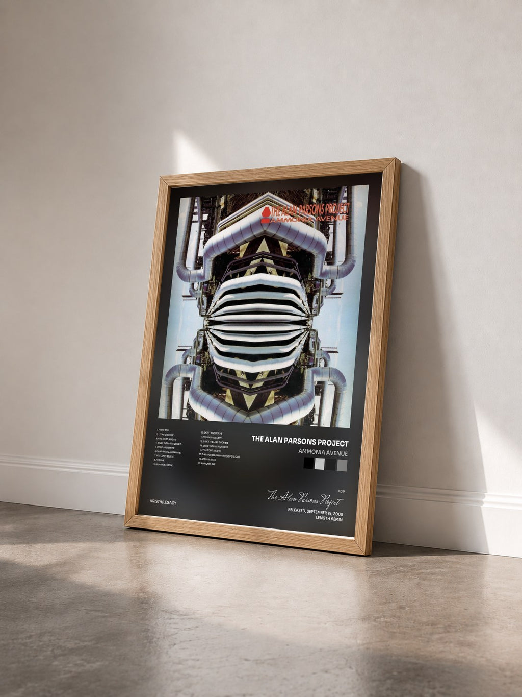 #bois Tableau de l'album Ammonia Avenue de The Alan Parsons Project vu de trois quarts, cadre en bois brut