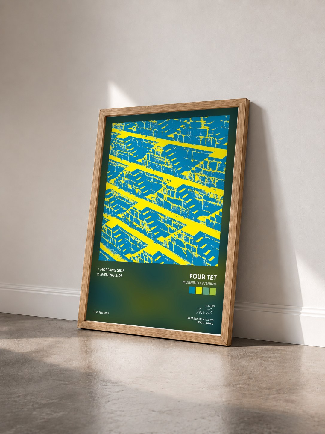 #bois Tableau de l'album Morning / Evening de Four Tet vu de trois quarts, cadre en bois brut