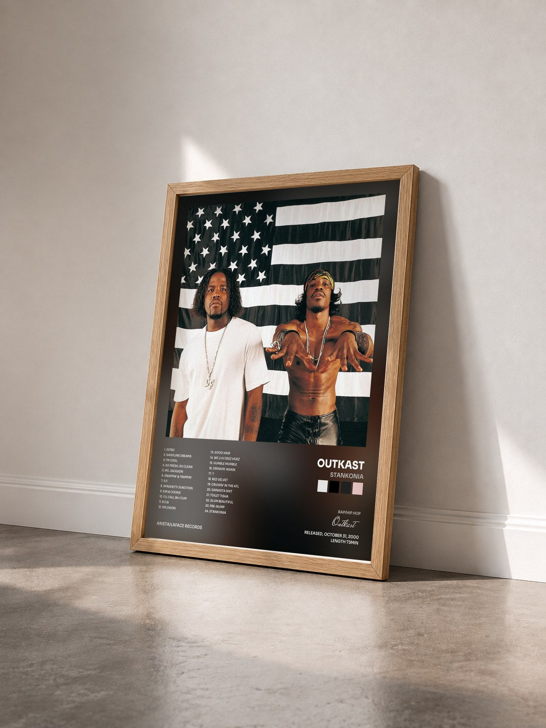 #bois Tableau de l'album Stankonia de Outkast vu de trois quarts, cadre en bois brut