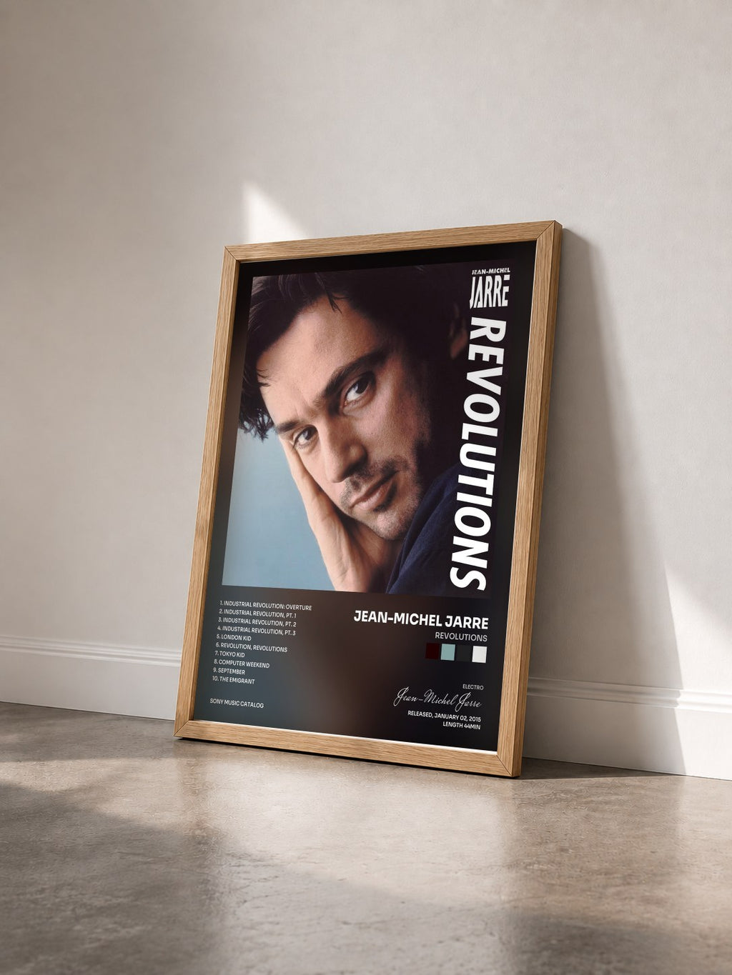 #bois Tableau de l'album Revolutions de Jean-Michel Jarre vu de trois quarts, cadre en bois brut