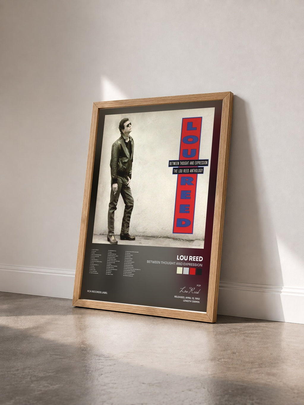 #bois Tableau de l'album Between Thought And Expression de Lou Reed vu de trois quarts, cadre en bois brut