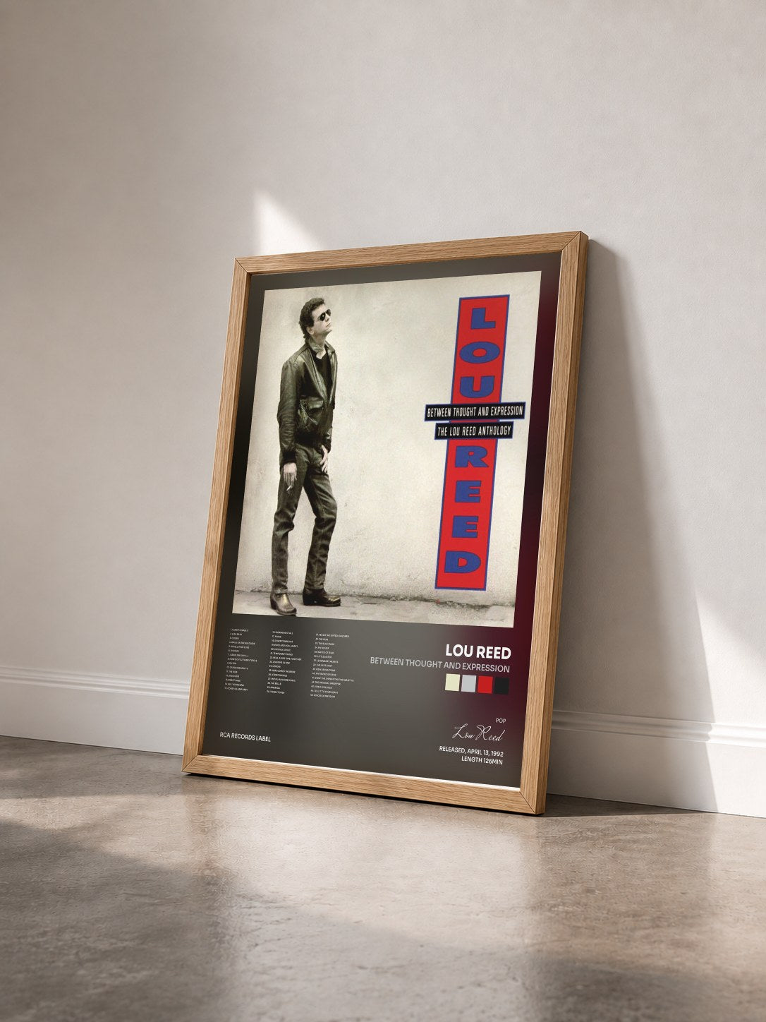 #bois Tableau de l'album Between Thought And Expression de Lou Reed vu de trois quarts, cadre en bois brut