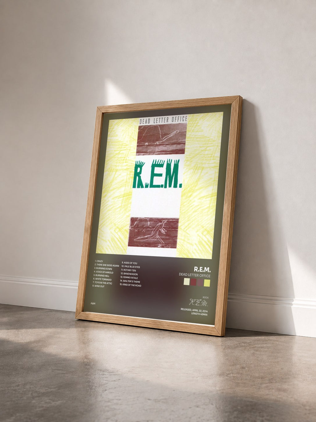 #bois Tableau de l'album Dead Letter Office de R.E.M. vu de trois quarts, cadre en bois brut