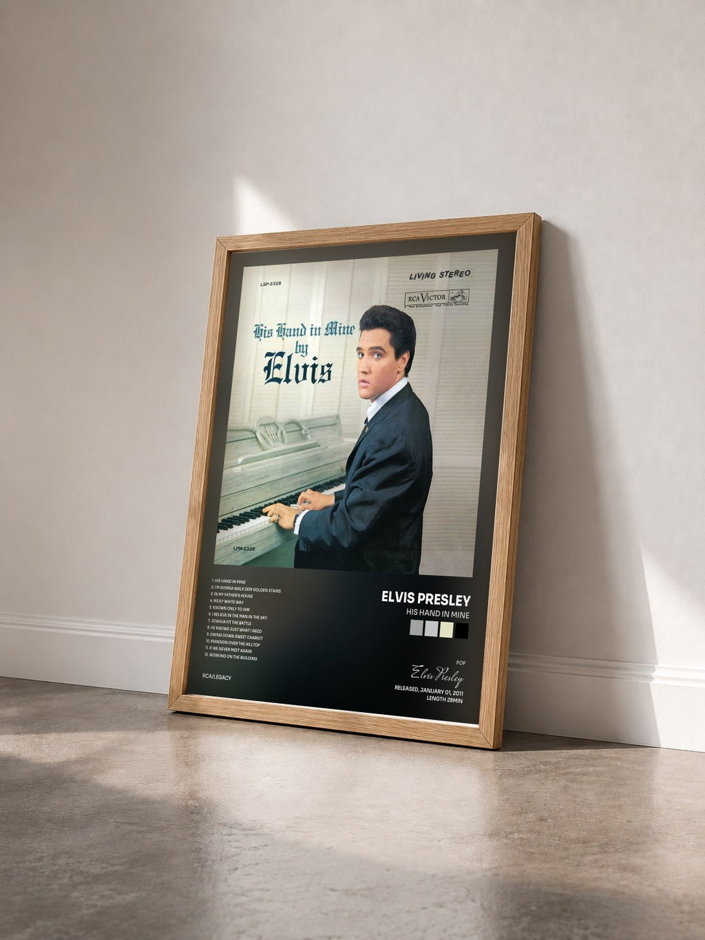 #bois Tableau de l'album His Hand in Mine de Elvis Presley vu de trois quarts, cadre en bois brut