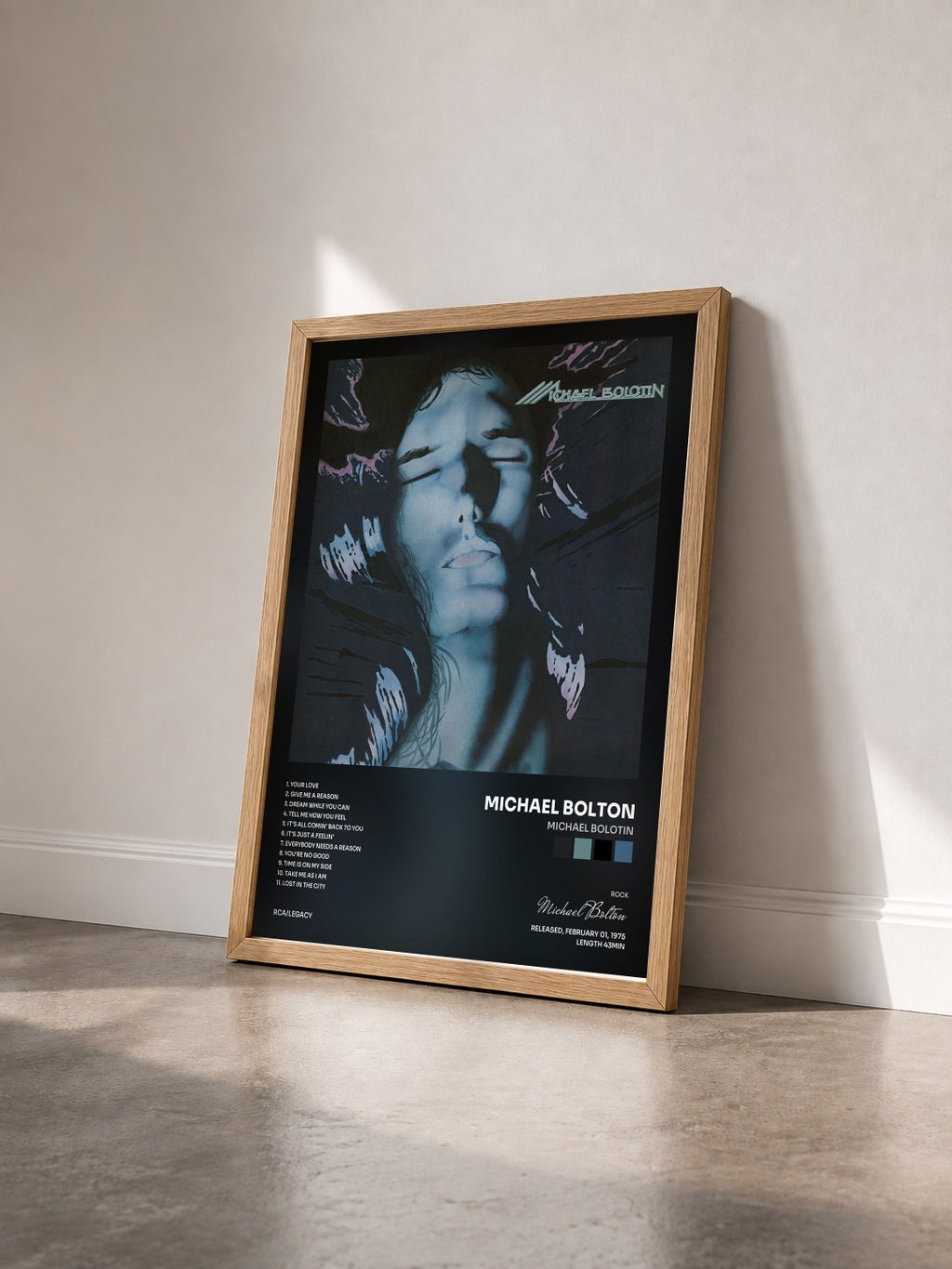 #bois Tableau de l'album Michael Bolotin de Michael Bolton vu de trois quarts, cadre en bois brut
