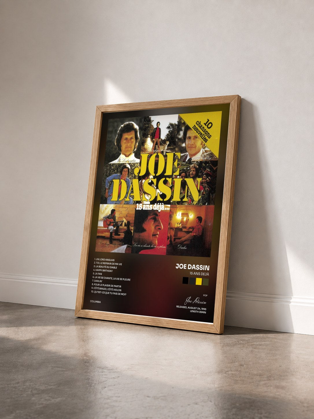 #bois Tableau de l'album 15 Ans Dejà de Joe Dassin vu de trois quarts, cadre en bois brut