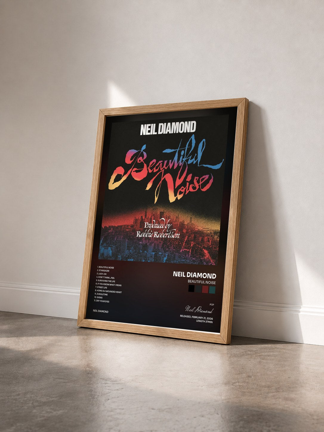 #bois Tableau de l'album Beautiful Noise de Neil Diamond vu de trois quarts, cadre en bois brut