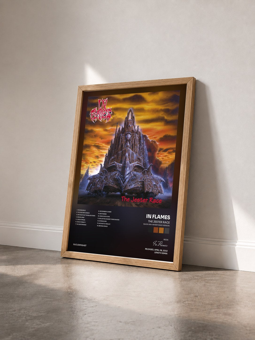 #bois Tableau de l'album The Jester Race (Black Ash-Inheritance Version) de In Flames vu de trois quarts, cadre en bois brut