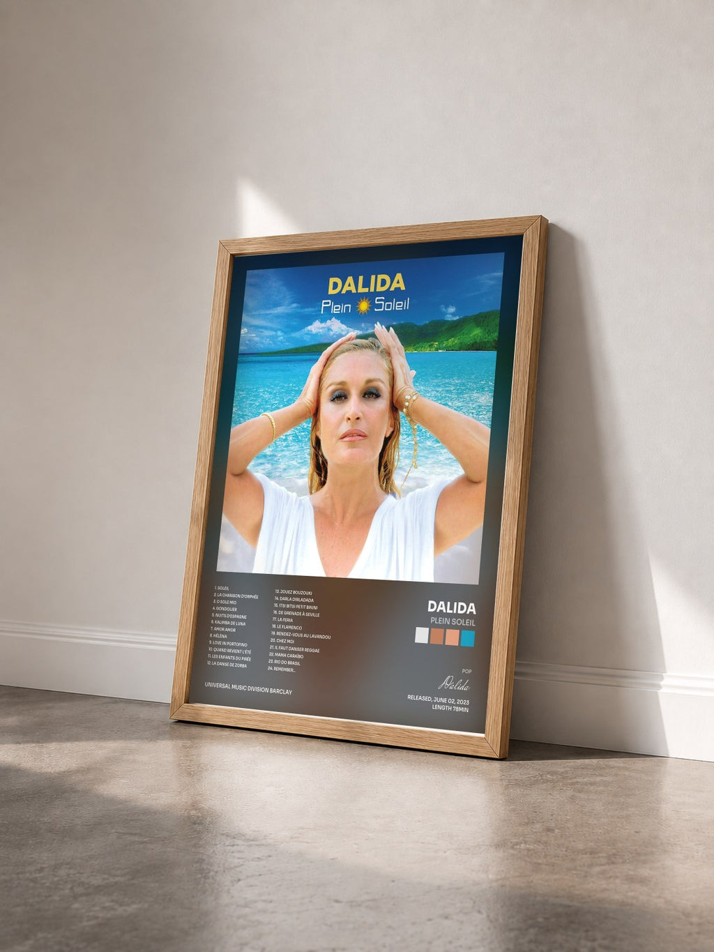 #bois Tableau de l'album Plein soleil de Dalida vu de trois quarts, cadre en bois brut