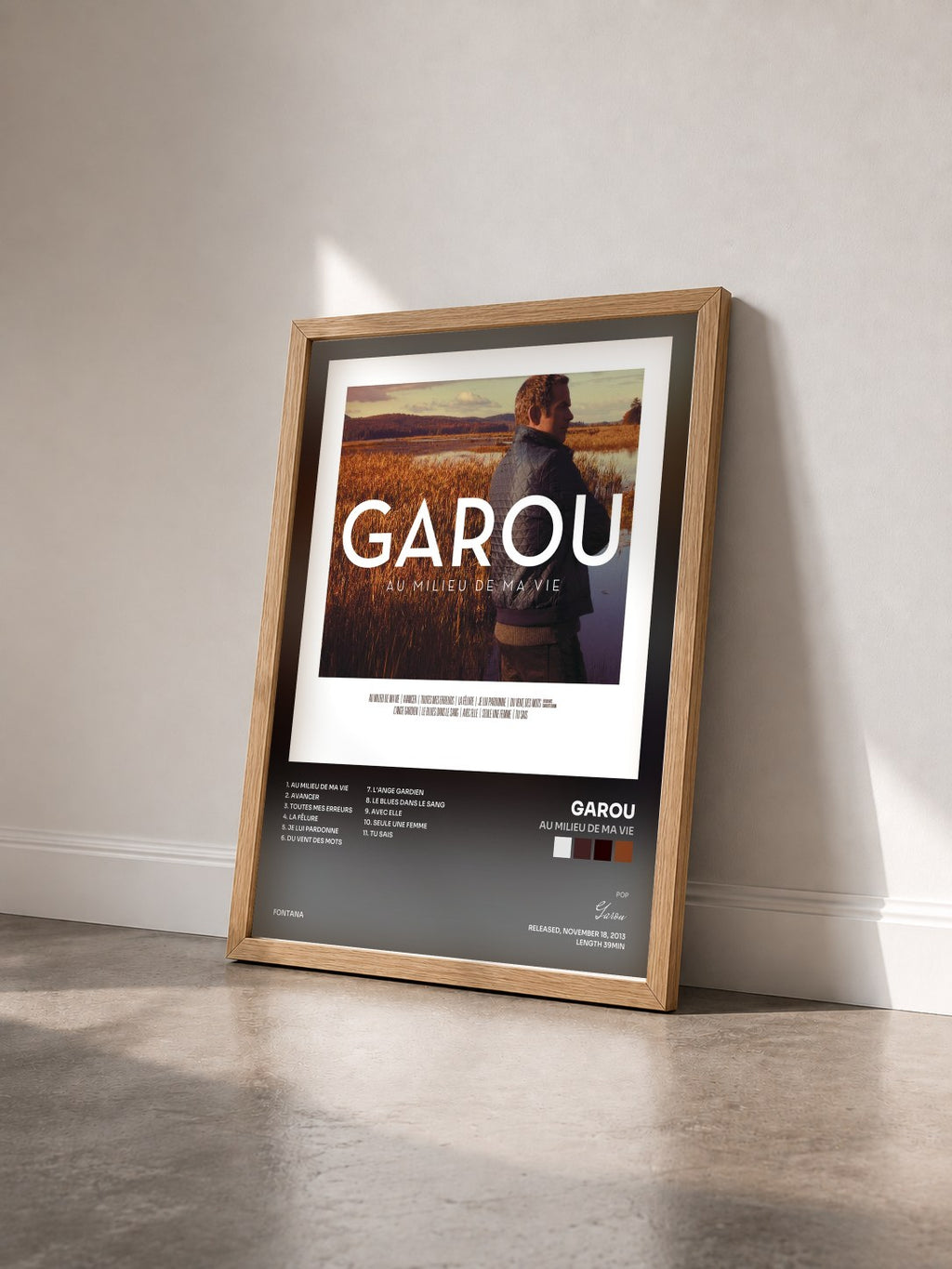 #bois Tableau de l'album Au Milieu De Ma Vie de Garou vu de trois quarts, cadre en bois brut