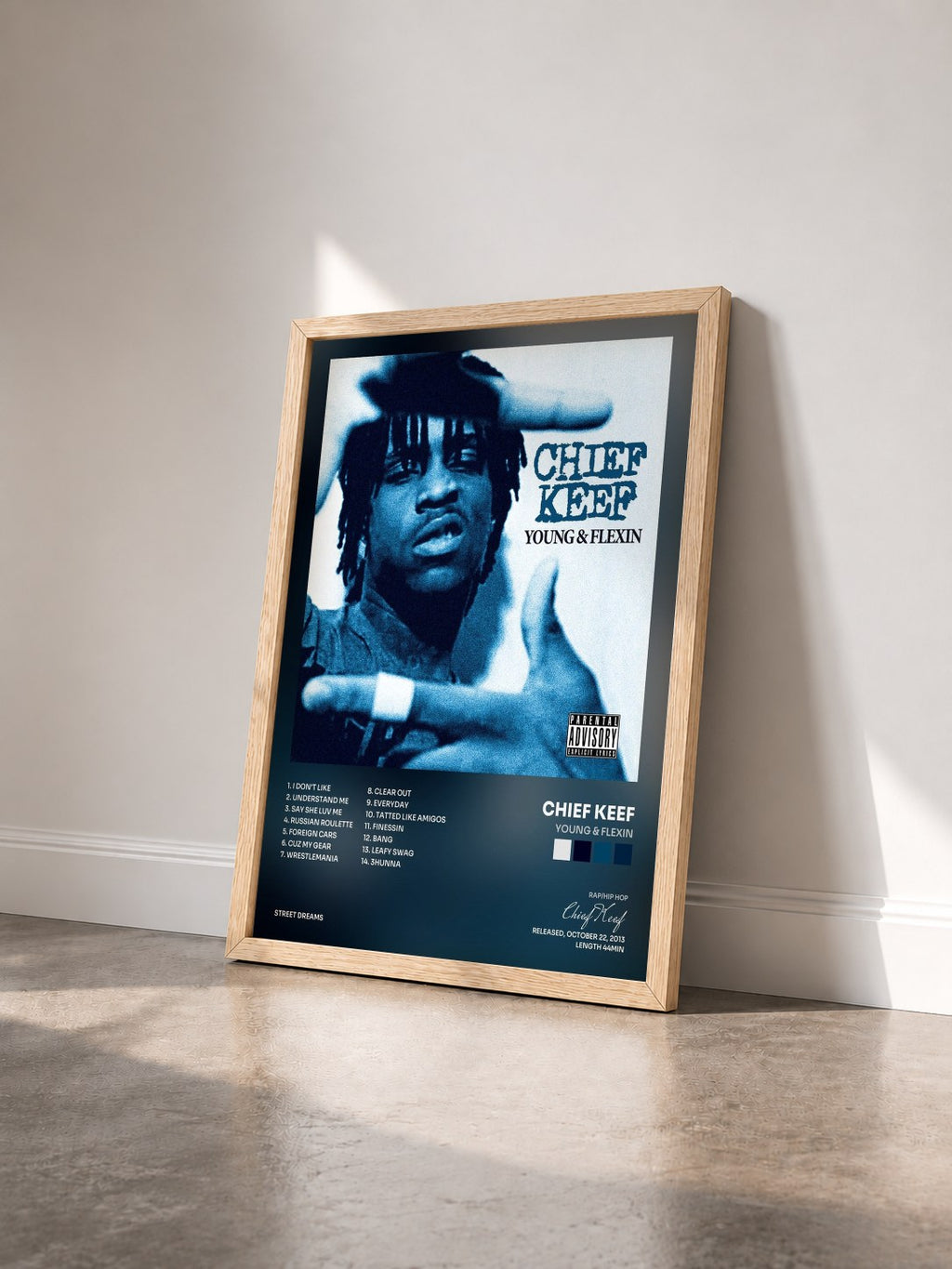 #bois Tableau de l'album Young & Flexin de Chief Keef vu de trois quarts, cadre en bois brut