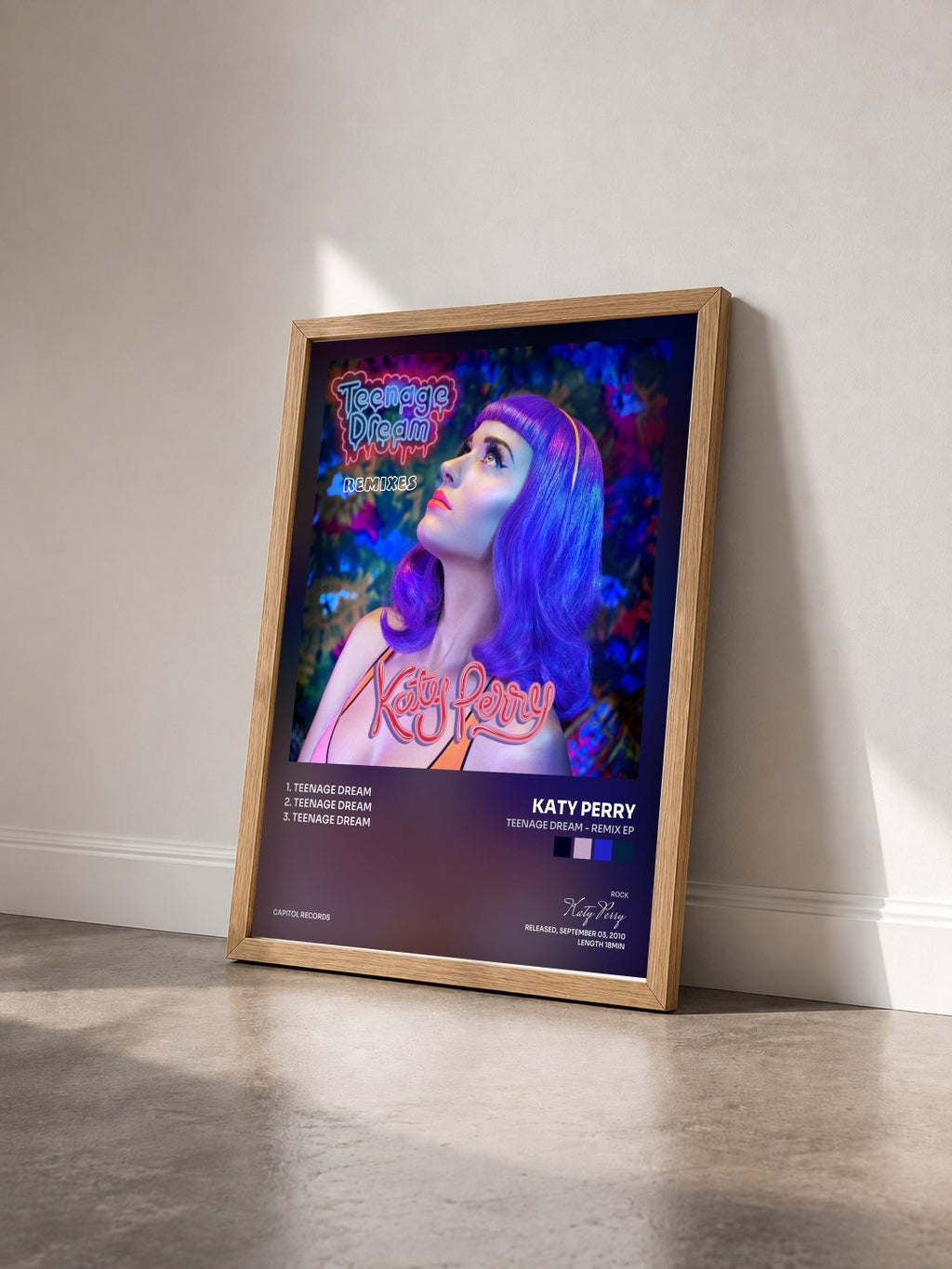 #bois Tableau de l'album Teenage Dream - Remix EP de Katy Perry vu de trois quarts, cadre en bois brut