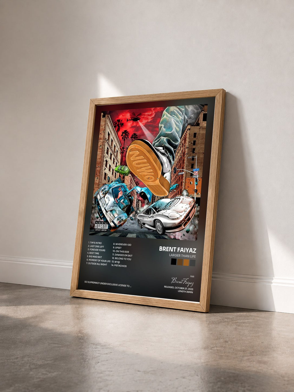 #bois Tableau de l'album Larger Than Life de Brent Faiyaz vu de trois quarts, cadre en bois brut