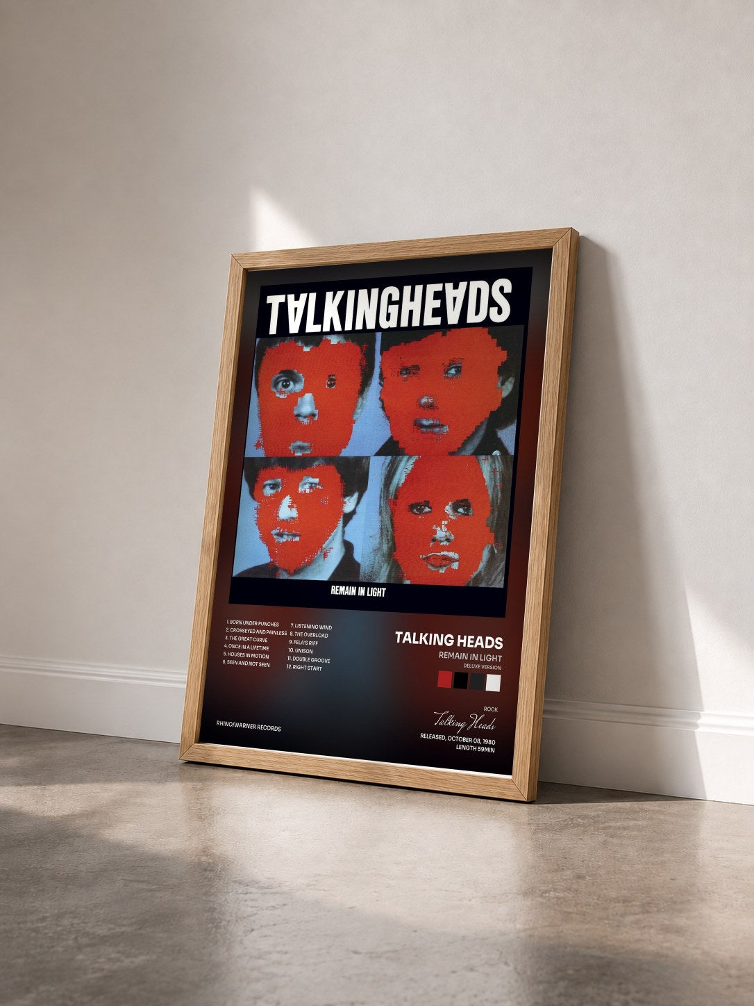 #bois Tableau de l'album Remain in Light (Deluxe Version) de Talking Heads vu de trois quarts, cadre en bois brut