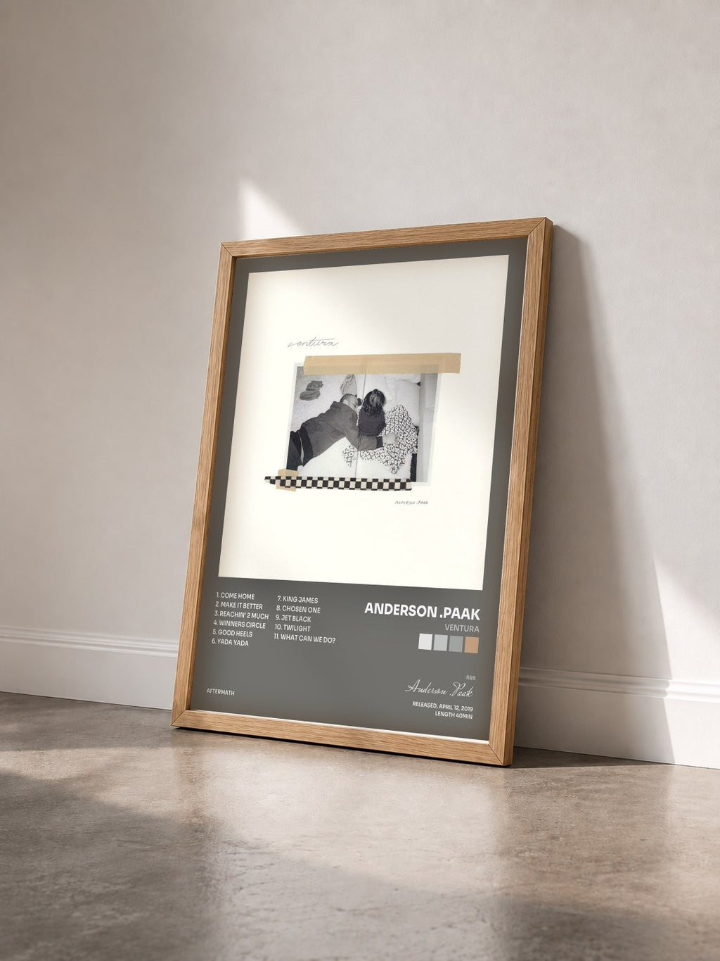 #bois Tableau de l'album Ventura de Anderson .Paak vu de trois quarts, cadre en bois brut