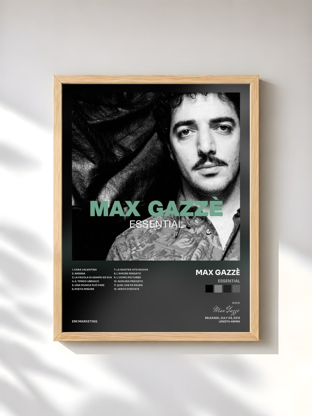 #bois Tableau de l'album Essential de Max Gazzè, cadre en bois brut, imprimé et encadré en France