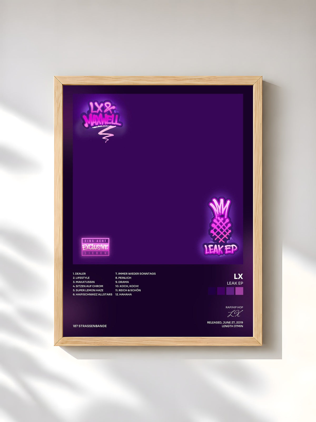 #bois Tableau de l'album Leak EP de LX, cadre en bois brut, imprimé et encadré en France