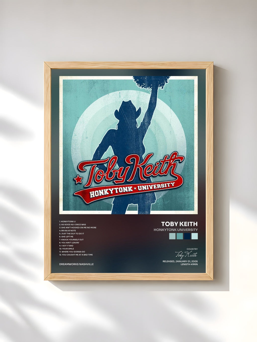#bois Tableau de l'album Honkytonk University de Toby Keith, cadre en bois brut, imprimé et encadré en France
