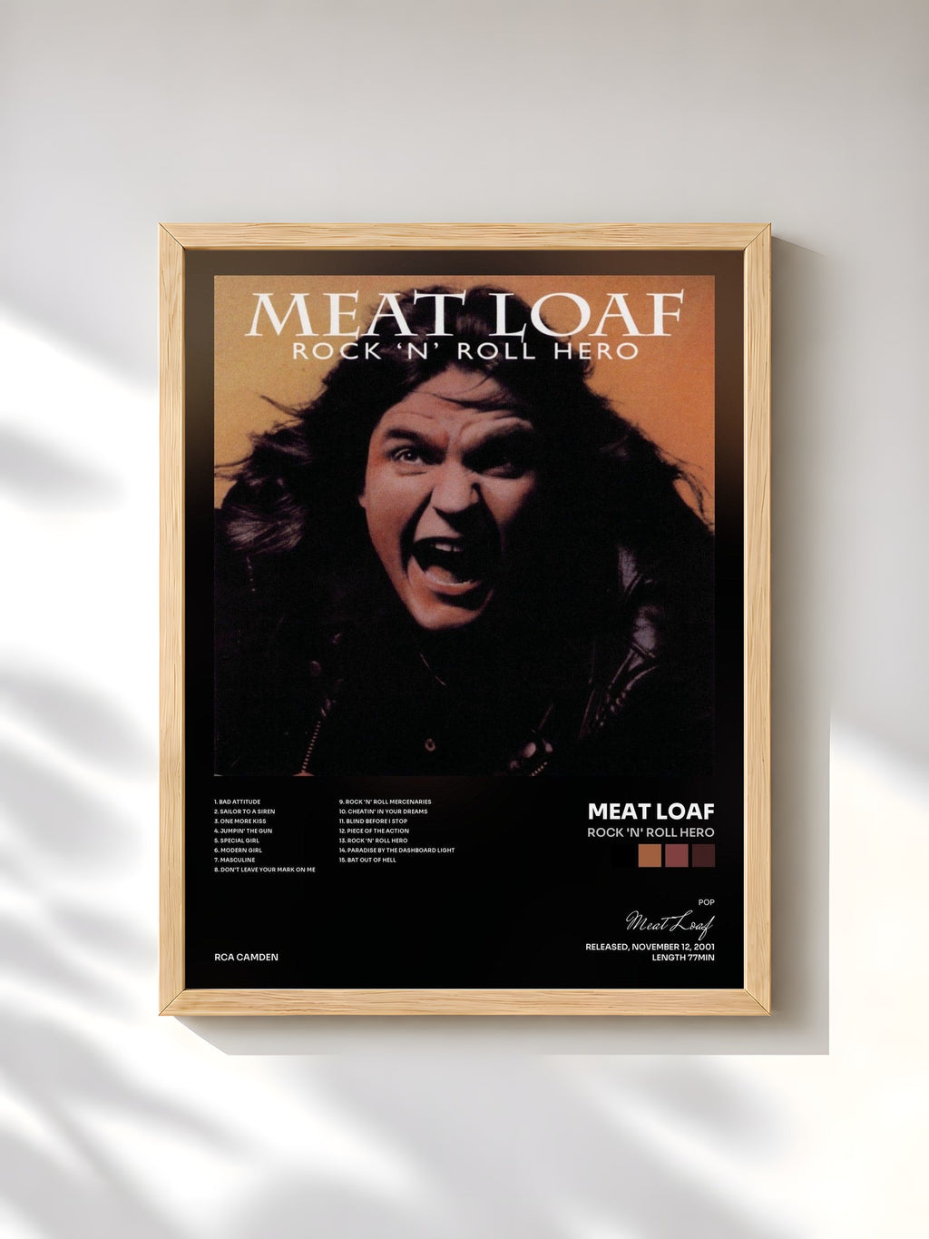 #bois Tableau de l'album Rock 'N' Roll Hero de Meat Loaf, cadre en bois brut, imprimé et encadré en France