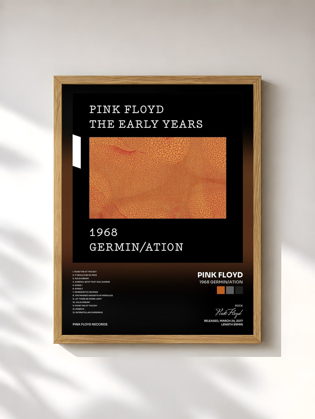 #bois Tableau de l'album 1968 Germin/ation de Pink Floyd, cadre en bois brut, imprimé et encadré en France