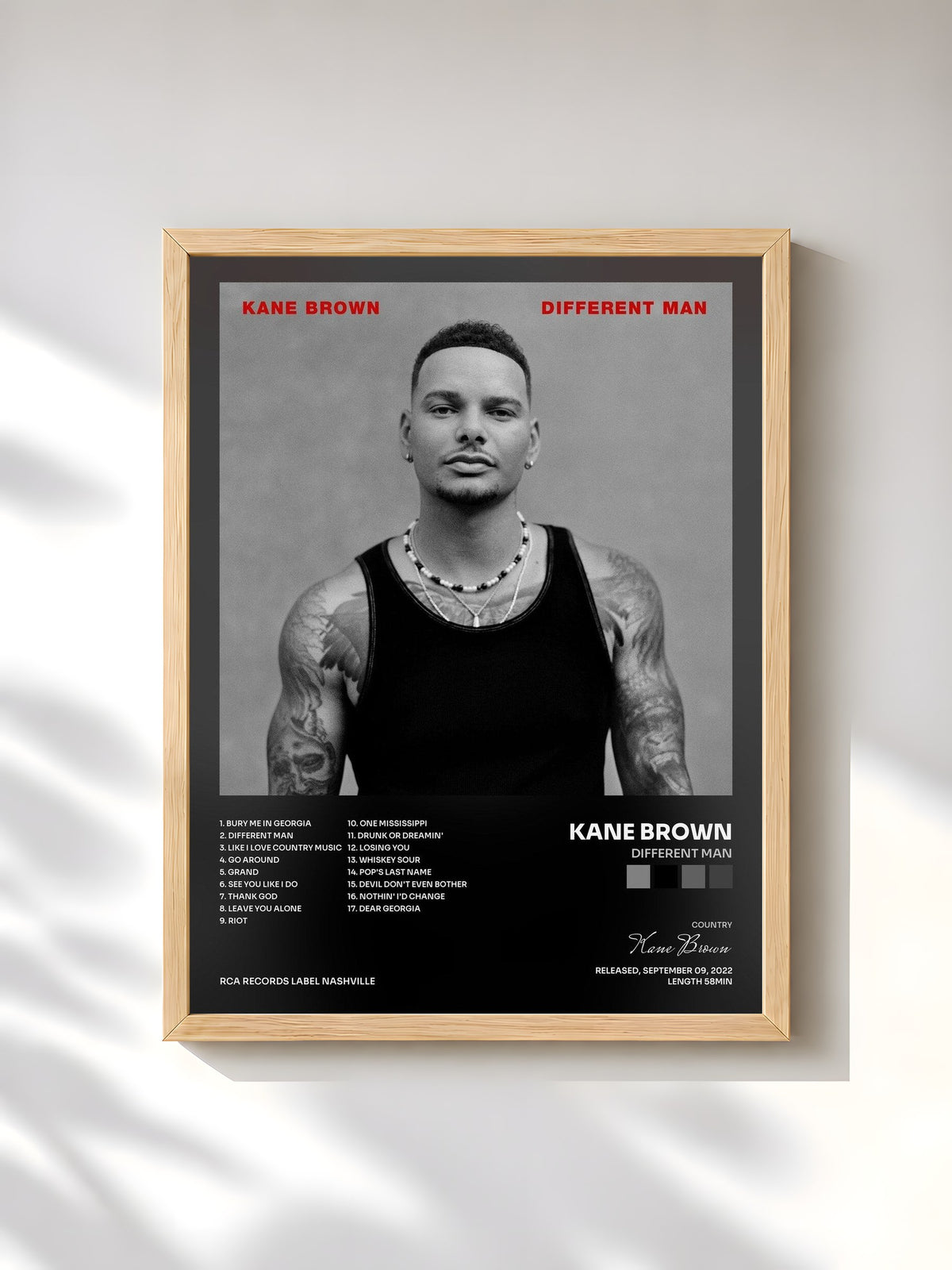 #bois Tableau de l'album Different Man de Kane Brown, cadre en bois brut, imprimé et encadré en France