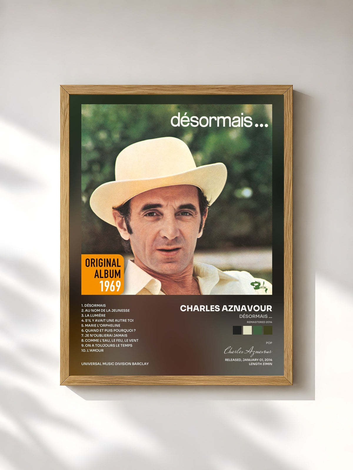 #bois Tableau de l'album Désormais ... (Remastered 2014) de Charles Aznavour, cadre en bois brut, imprimé et encadré en France