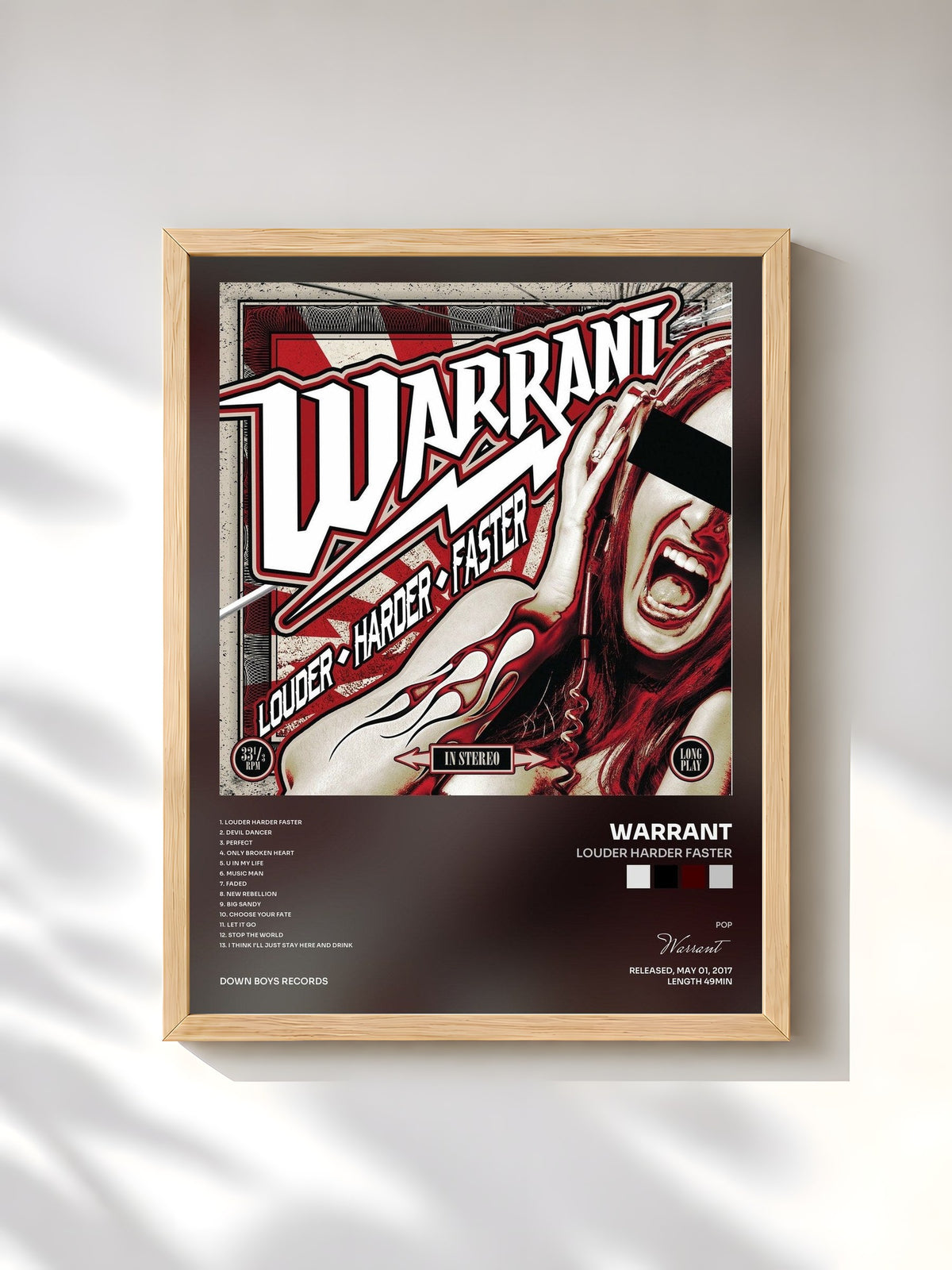 #bois Tableau de l'album Louder Harder Faster de Warrant, cadre en bois brut, imprimé et encadré en France