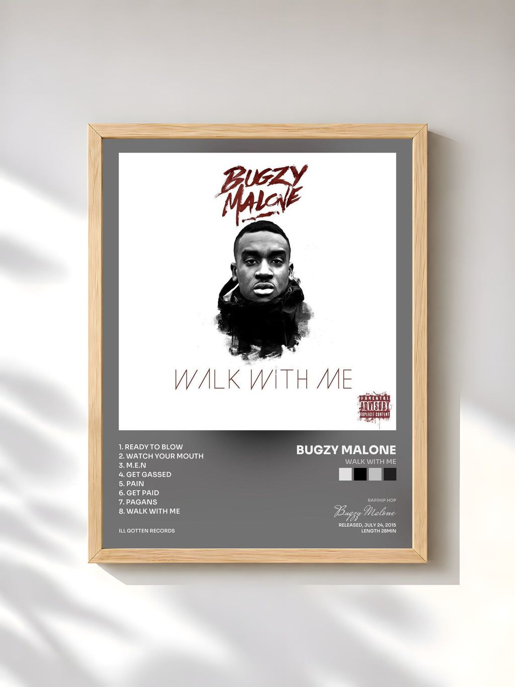 #bois Tableau de l'album Walk With Me de Bugzy Malone, cadre en bois brut, imprimé et encadré en France
